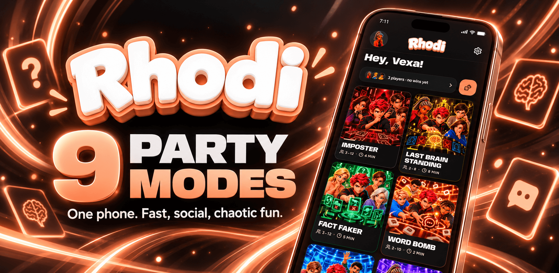 Rhodi Party Game promotional artwork, with the game-selection screen and colorful mini-game cards shown on a phone.